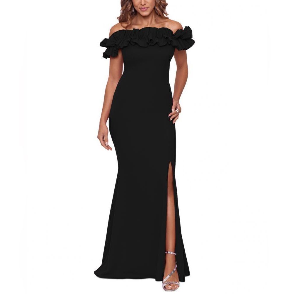 Xscape NWT Ruffle Off the Shoulder Crepe Gown Black Size 6